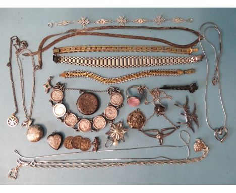 Four silver chain bracelets, various silver necklaces, pendants and other silver jewellery, 137g. 
