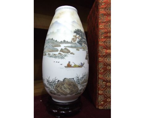 A late-20th century Chinese 'Crystal colour Arts &amp; Crafts' porcelain baluster vase decorated with lake and landscape desi