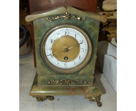 A green onyx mantel clock, 24cm high, parts of a wooden cuckoo clock and a Charles Perry binocular microscope, in case.