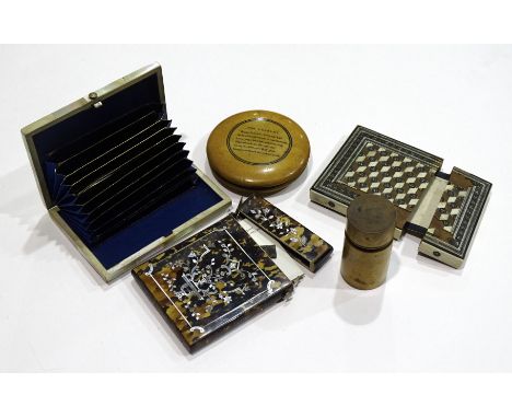 A mother-of-pearl carrying card case with bellows fitted interior, an inlaid tortoiseshell card case, (damaged) and other ite