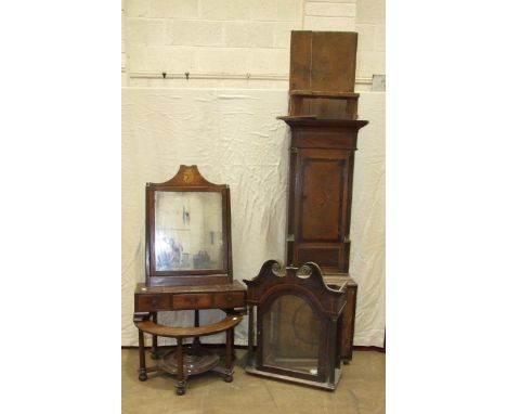 A late-George-III inlaid oak longcase clock case, a terrestrial globe stand of circular form, on turned legs and a Georgian s