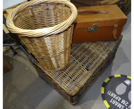 A leather-bound trunk, 92cm long, a wicker hamper and other items. 