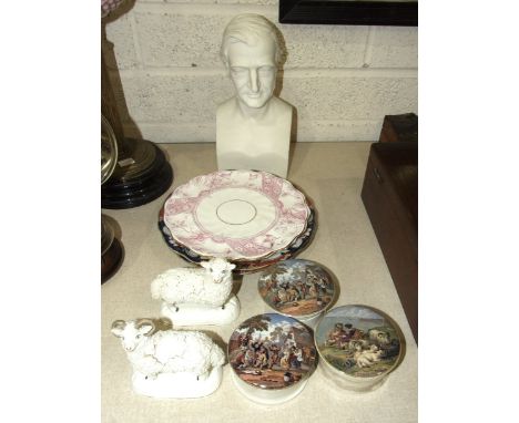 A parian ware bust incised 'Emerson' on the front and 'J C King Sculpt' to the side, 29cm high, a pair of Staffordshire figur