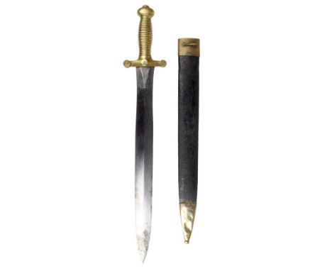 A French short sword, with a 49cm long blade, marked Pihet Freres and Chatellerault 1833, the brass hilt with an AT monogram,