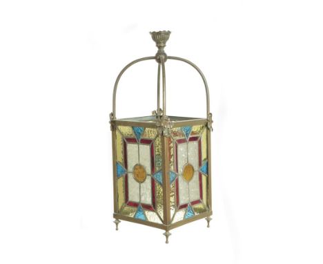 A late Victorian brass and leaded stained glass hall lantern, 52.9cm high, 20cm wide.