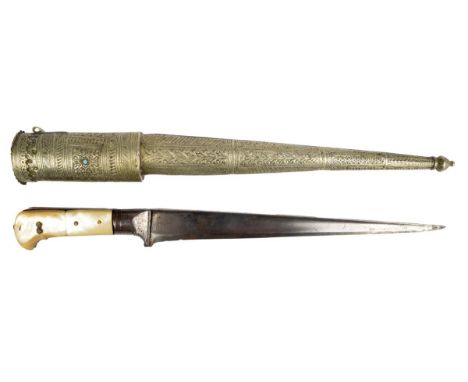 An Indo-Persian kard, with a T section blade and mother of pearl scales, 38cm long, in a chased white metal sheath with two t