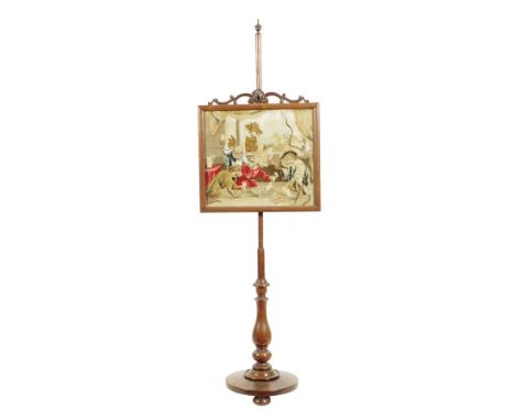 λ A Victorian rosewood pole firescreen, the adjustable panel inset with a felt picture of monkeys in a tavern, 150.6cm high, 