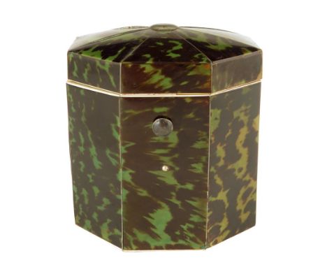 λ A Regency green tortoiseshell octagonal tea caddy, with pewter stringing and ivory banding, the hinged tent top revealing a