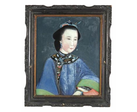 Three 19th century Chinese reverse glass paintings, two of the same design, depicting a standing woman beside a tree, her lon