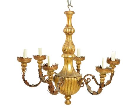 A giltwood and metal chandelier, with six leaf decorated scroll arms, 70cm high, 76cm wide.