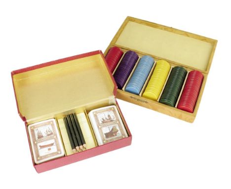 A silk cased set of roulette gaming chips, the hinged lid inset an engraved print of CROCKFORD'S CLUB HOUSE, ST JAMES'S STREE