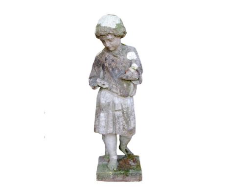 A Victorian composition stone garden figure of a classical young boy, originally holding a book, 116.5cm high. 