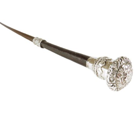 Horse Racing interest. A Victorian silver mounted presentation whip, the leaf and flower decorated pommel inscribed 'John Ree