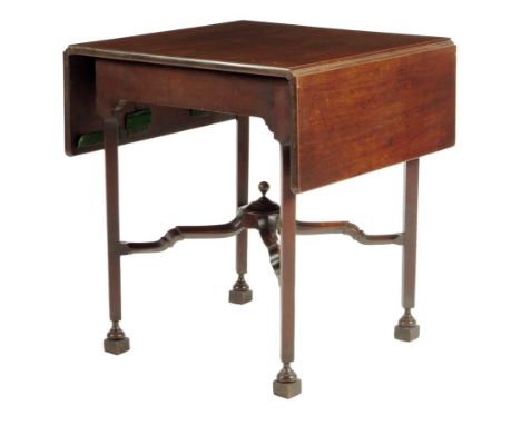 An early George III mahogany Pembroke table, the drop-leaf top with four loper supports each with a brass ring handle, on squ