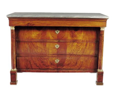 A pair of early 19th century Italian walnut commodes, each with a grey marble top, above a branded mark 'Crown, I.G.P.', abov
