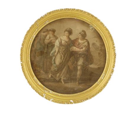 After Angelica Kauffman (Swiss 1741-1807). A coloured stipple engraving, depicting the Flight of Paris and Helen from the Cou