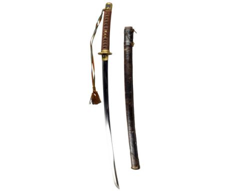 A Japanese officer's Katana, with a 88.5cm long blade, the tang signed, the brass tsuba cast chrysanthemum with a fabric boun