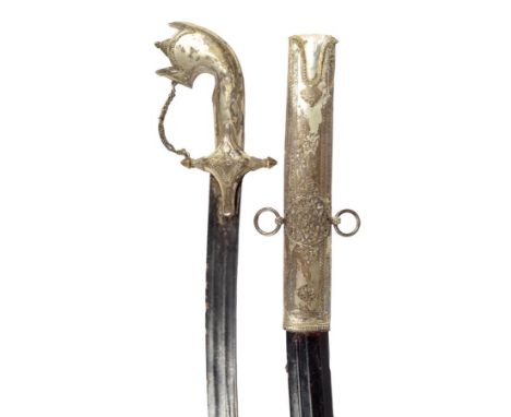 A Yemen saif sword, with a triple fullered curved steel blade, with a silver plated hilt with ribbed conical quillons, engrav