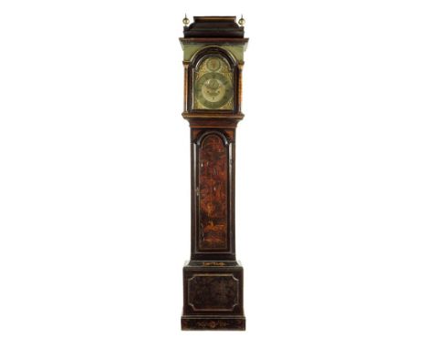 A japanned longcase clock, the eight day movement striking on a bell, with an arched brass dial with strike silent and foliat