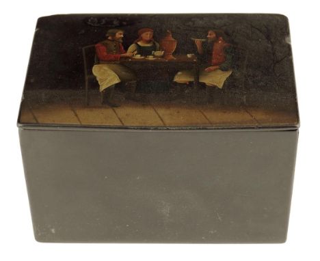 A late 19th century Russian lacquer tea caddy by Vishniakov, the lid painted with three seated figures taking tea, with a foi