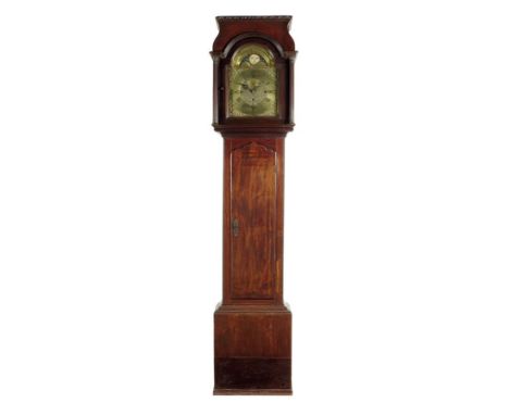 A mahogany longcase clock, the eight day movement striking on nine bells with an arched brass dial with a moon phase and subs