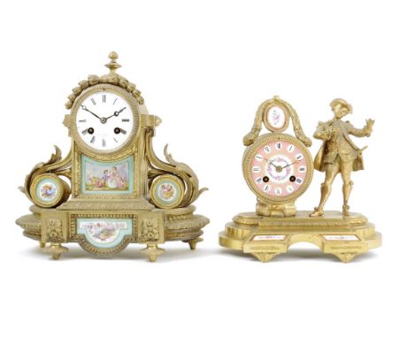 A French gilt spelter mantel clock, the movement and dial signed 'Hry. Marc, Paris', the case with porcelain plaques decorate