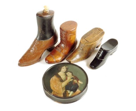 λ A 19th century oak snuff shoe, with tack decoration and a sliding lid, a painted example the lid with an ivory handle and t