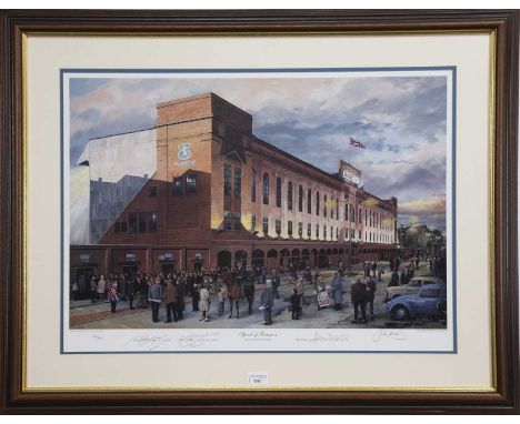 SPIRIT OF RANGERS, LIMITED EDITION SIGNED PRINT,no. 234/750, signed by John Greig, Sandy Jardine, Jim Baxter, and the artist 