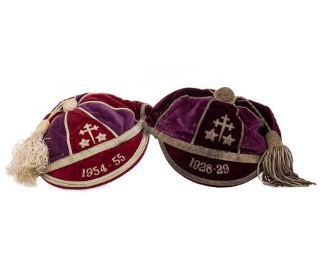 TWO EARLY TO MID-20TH CENTURY SCHOOL/SPORTING CAPS,both embroided white metal bullion cross flanked by stars, the first dated