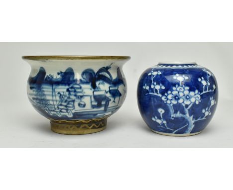 Two blue and white ceramic pots. Comprising one blue and white censer decorated with landscape and brown meander pattern alon