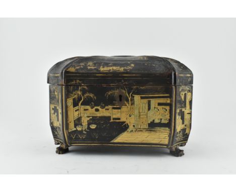 A 19th century Qing Dynasty lacquered &amp; hand painted tea caddy box. The caddy of octagonal chamfered form with central gi