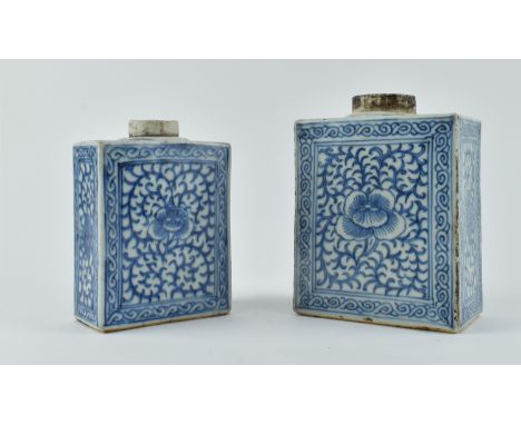 Two Qing dynasty blue and white tea caddies. Each rectangular shape caddy decorated with flower and foliate scrolling. Larger