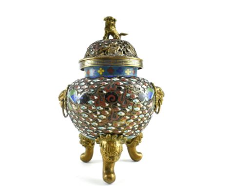 A cloisonne dragon tripod censer with lid. The censer having twin lion head handles, raised on lion head tripod legs. The ext