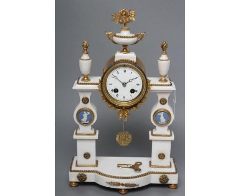 A FRENCH WHITE MARBLE AND GILT METAL PORTICO CLOCK, 19th century, the twin barrel movement with outside count wheel striking 