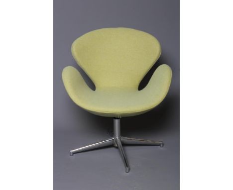 A FRITZ HANSEN TYPE SWAN CHAIR by Arne Jacobson, modern, upholstered in a lime green wool fabric, on swivel chrome plated bas