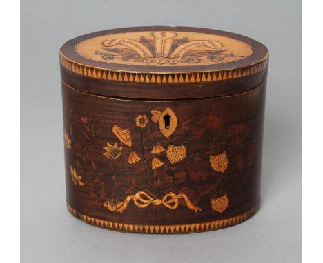 A REGENCY MAHOGANY TEA CADDY of oval form with ribbon tied marquetry flowers and berried branches, the hinged lid with Prince
