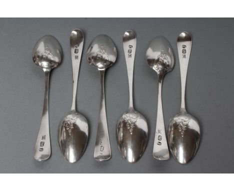 A SET OF SIX GEORGE III FANCY BACK SILVER TEASPOONS, maker probably George Smith, London 1781, with scrolling foliage issuing