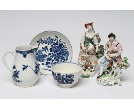 A FIRST PERIOD WORCESTER PORCELAIN MANSFIELD PATTERN SPARROW BEAK JUG, c.1765, open crescent mark, 4" high, together with a s