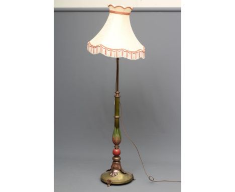 AN ARTS AND CRAFTS STYLE COPPER AND BRASS STANDARD LAMP, early 20th century, the baluster turned green and salmon coloured ce