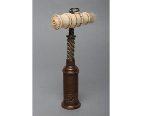 A THOMASON TYPE PATENT CORKSCREW, early 19th century, the turned bone handle with steel hanging loop and brush, brass and ste