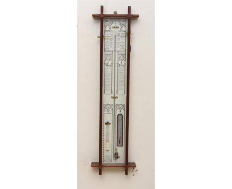 AN ADMIRAL FITZROY MERCURY BAROMETER with thermometer and Gothic style paper registers in chamfered oak case, 11 1/4" x 42 1/