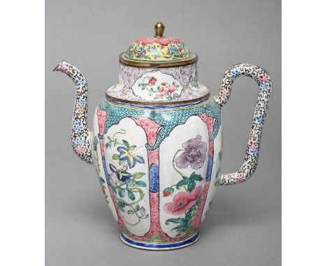 A CANTON ENAMEL WINE POT AND COVER of lobed cylindrical form with slender angular handle and curved spout, painted in colours