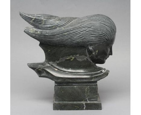 AN ART DECO STYLE GREEN MARBLE FEMALE BUST, modelled with flowing hair, raised on stepped oblong plinth, 10 3/4" wide, 10 3/4