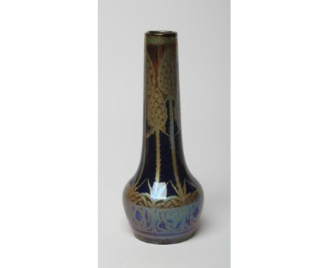 A ROYAL LANCASTRIAN POTTERY STEM VASE, early 20th century, with elongated slightly tapering neck and squat globular body, pai