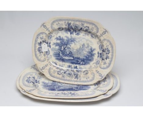 A GRADUATED SET OF THREE BRAMELD DON QUIXOTE POTTERY MEAT PLATES, c.1830, of lobed rounded oblong form with scroll and gadroo