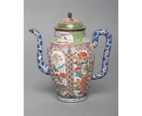 A CANTON ENAMEL WINE POT AND COVER of lobed cylindrical form with slender angular handle and curved spout, painted in colours