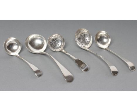 A PAIR OF EDWARDIAN SILVER CREAM LADLES, maker T.W. Dobson, London 1902, in Old English pattern, 5" long, together with a sim