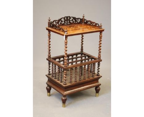 A VICTORIAN ROSEWOOD CANTERBURY WHATNOT, of two tier oblong form, the moulded edged upper shelf on spiral twist supports and 