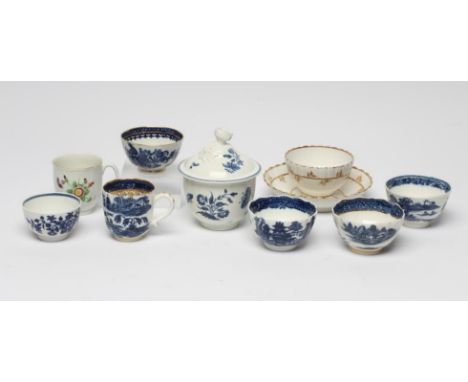 A COLLECTION OF 18TH CENTURY ENGLISH PORCELAIN comprising a First Period Worcester coffee cup painted in polychrome enamels w