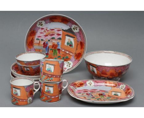 A NEWHALL PORCELAIN WINDOW PATTERN PART TEA SERVICE, c.1790, printed and overpainted in colours, comprising four saucers, thr